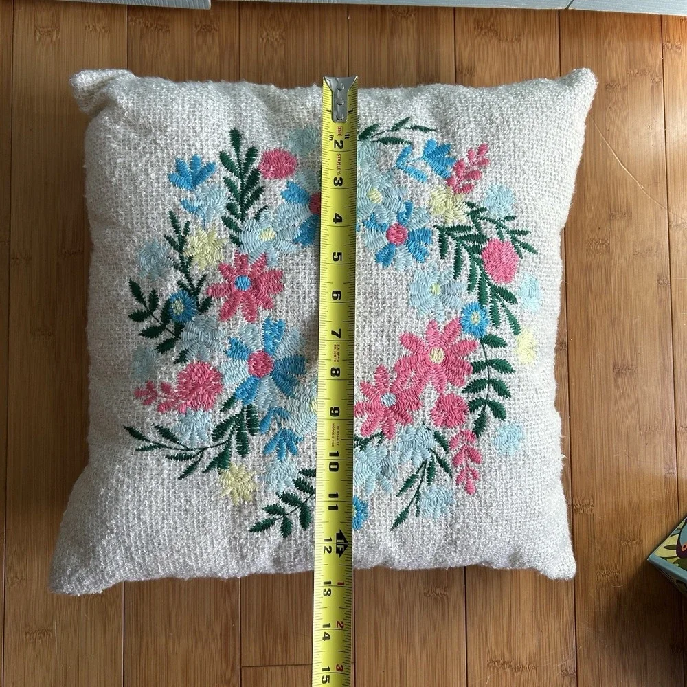 Floral Crewel Embroidery Woven SquareThrow Pillow Pink Blue Flowers Spring Small